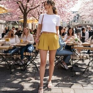 English Factory Yellow White Textured‎ Check Shorts Size S Lined High Waist Zip